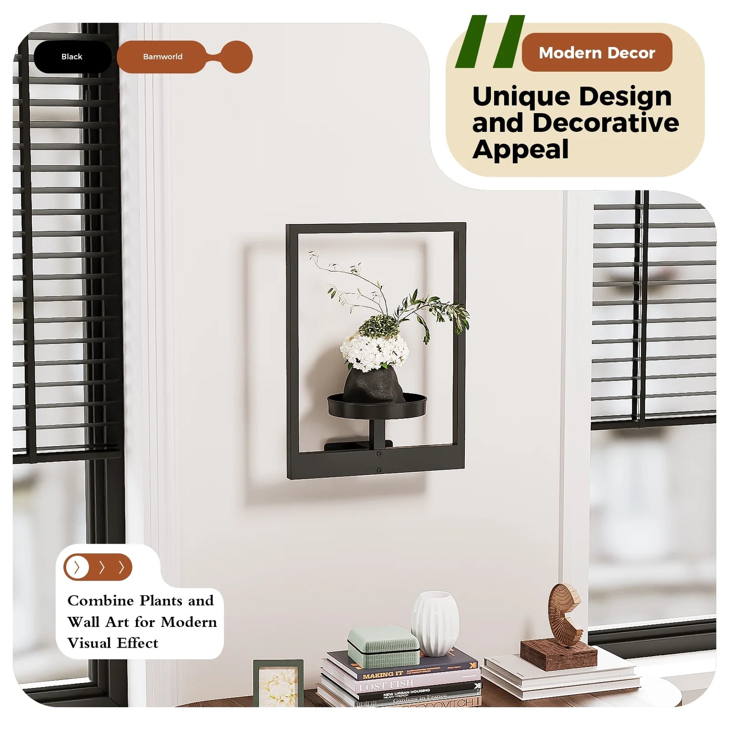 Wall Hanging Planters for Indoor Plants Plant Hanger Indoor Outdoor Window Plant Shelves Hanging Plant Holder Wall-Mounted Plant Rack Black Metal Room Decor 1 Pack(Pot &Plant Not Included)