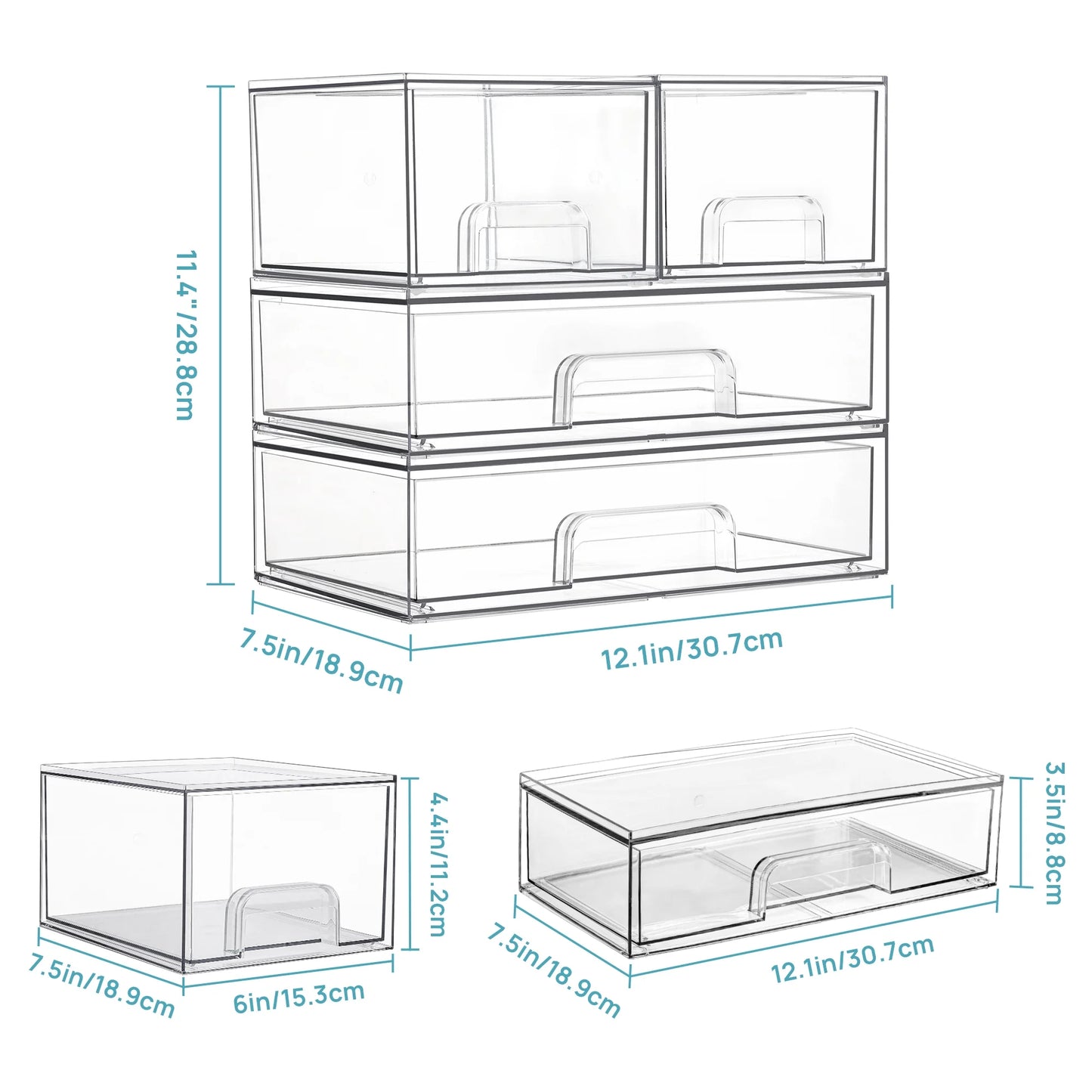 Stackable Storage Drawers Set of 4,Clear Plastic Organizer Bins for Makeup, Cosmetics, Beauty Supplies