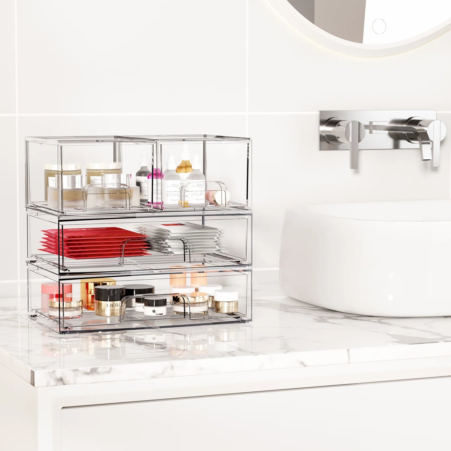 Stackable Storage Drawers Set of 4,Clear Plastic Organizer Bins for Makeup, Cosmetics, Beauty Supplies
