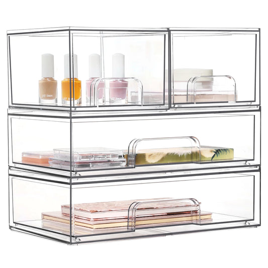 Stackable Storage Drawers Set of 4,Clear Plastic Organizer Bins for Makeup, Cosmetics, Beauty Supplies
