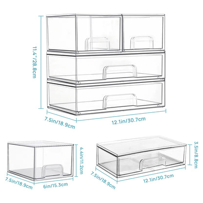 Stackable Storage Drawers Set of 4,Clear Plastic Organizer Bins for Makeup, Cosmetics, Beauty Supplies