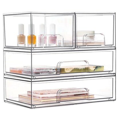Stackable Storage Drawers Set of 4,Clear Plastic Organizer Bins for Makeup, Cosmetics, Beauty Supplies