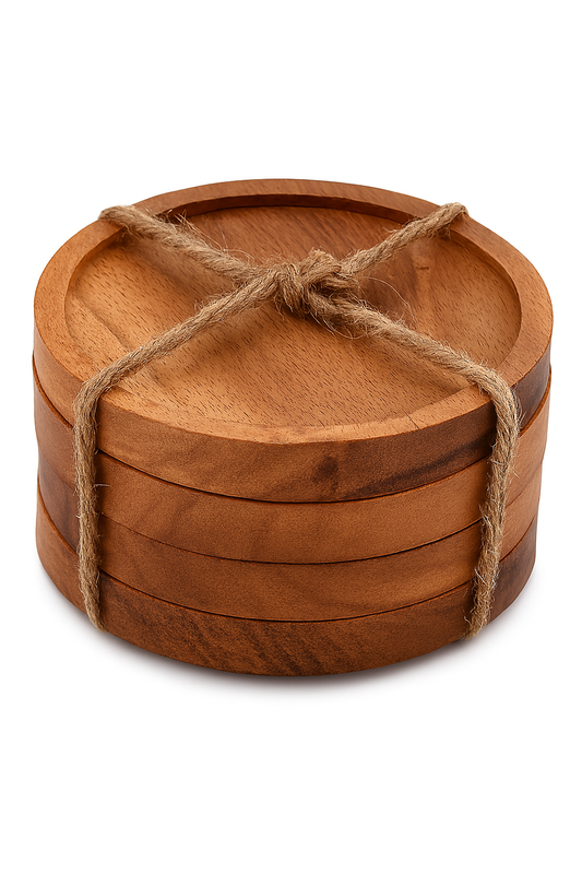 Round Wooden Coasters Set with Holder – Natural Finish (Set of 6)