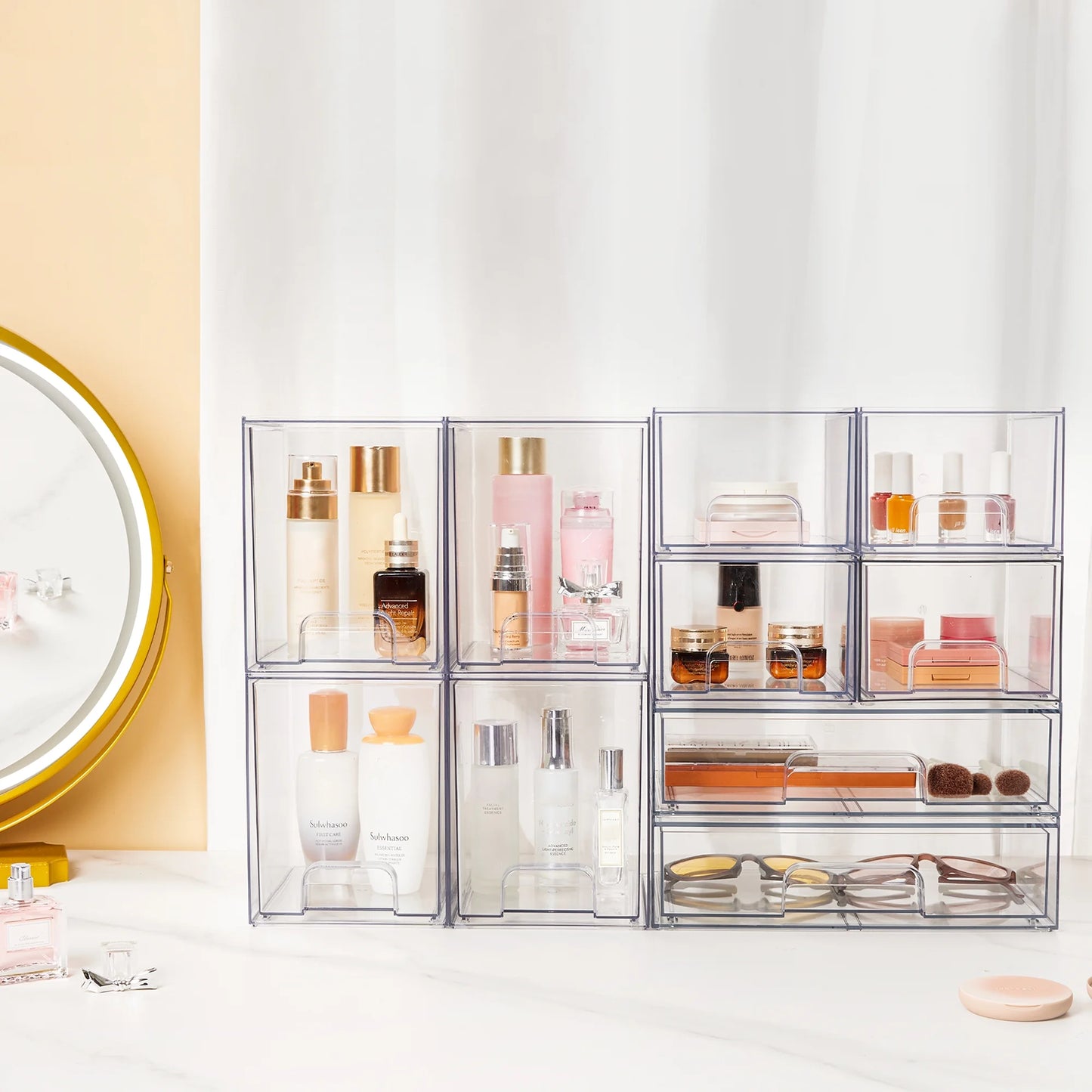 Stackable Storage Drawers Set of 4,Clear Plastic Organizer Bins for Makeup, Cosmetics, Beauty Supplies